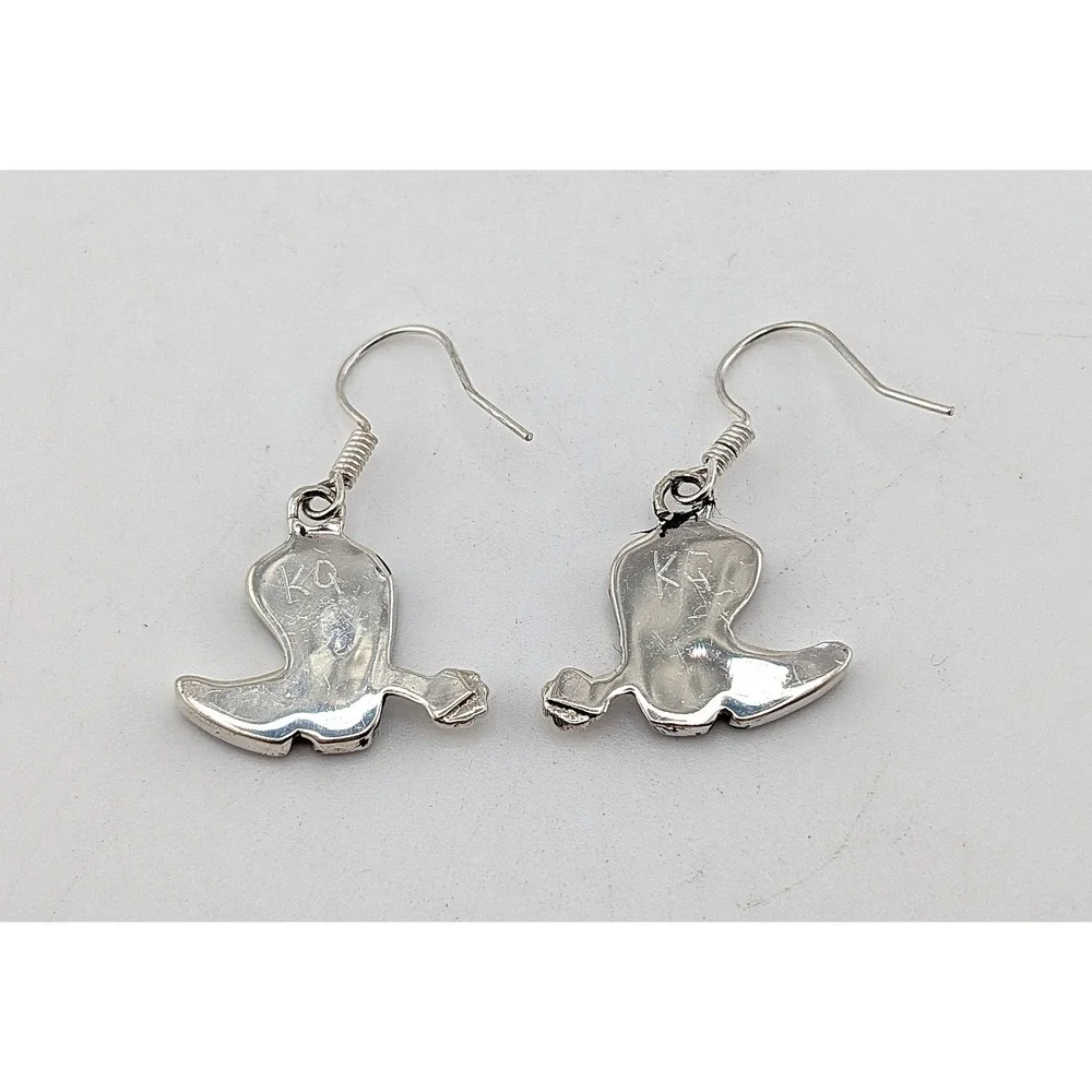 Zuni Silver Cowboy Boot Earrings Turquoise Inlay Western Dangle Signed K Quam **